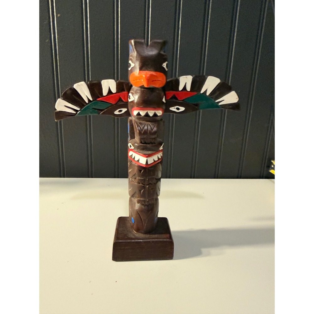 Vintage Ketchikan Eagle Totem Pole Hand-Carved & Painted Wood Made in Alaska